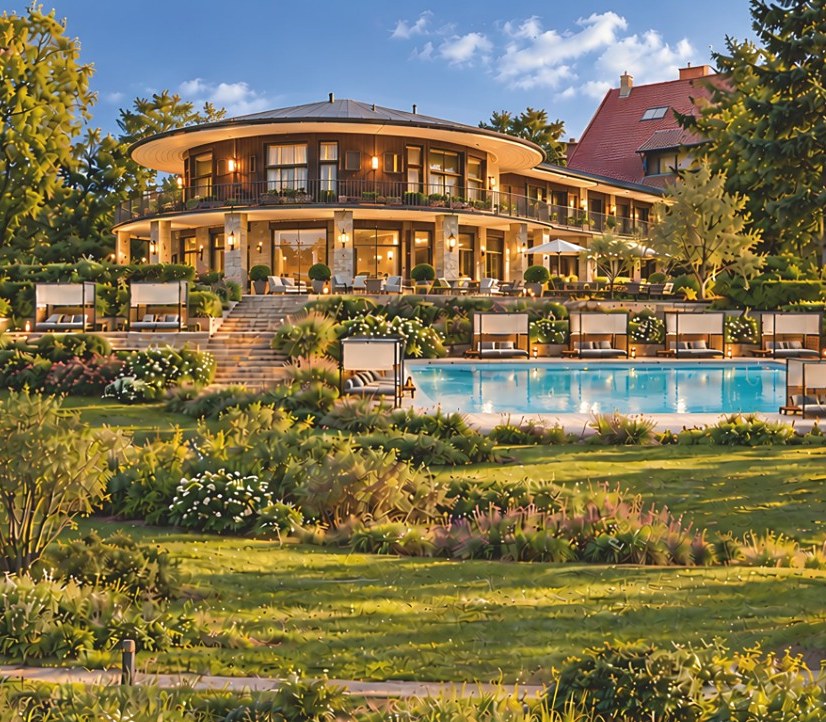 Visualisierung: Cabana Beach Resort – Rundbau der Bastei mit Außenpool und Cabanas